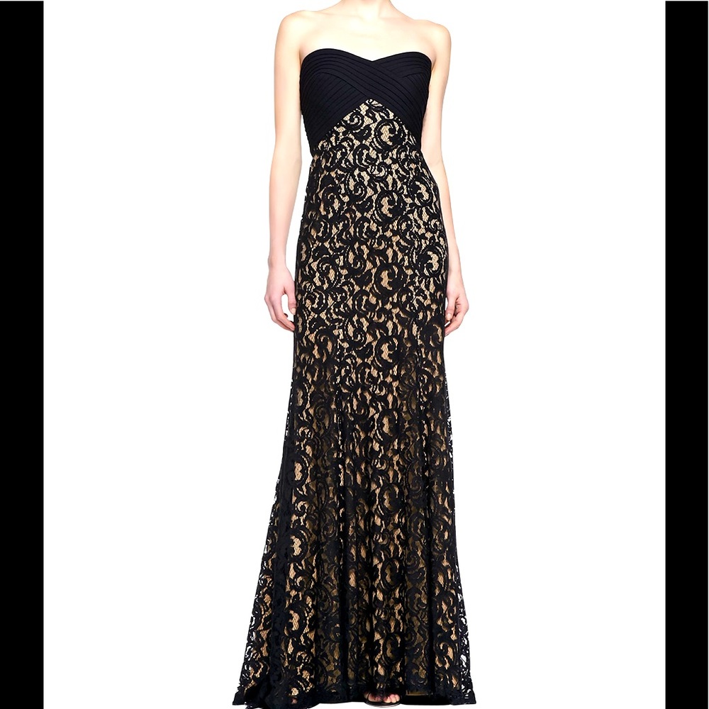 Pre-owned Tadashi Shoji Strapless Lace Gown, Black/Nude